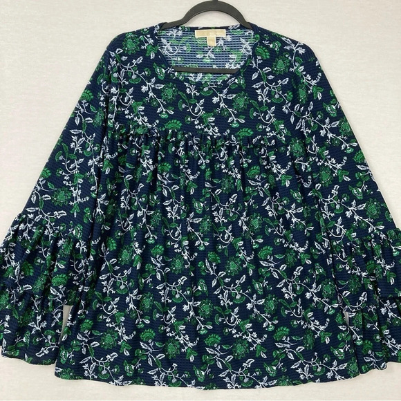 Michael Michael Kors Green Blue Round Neck Stretch Ruffle Sleeve Blouse Large - Picture 1 of 9